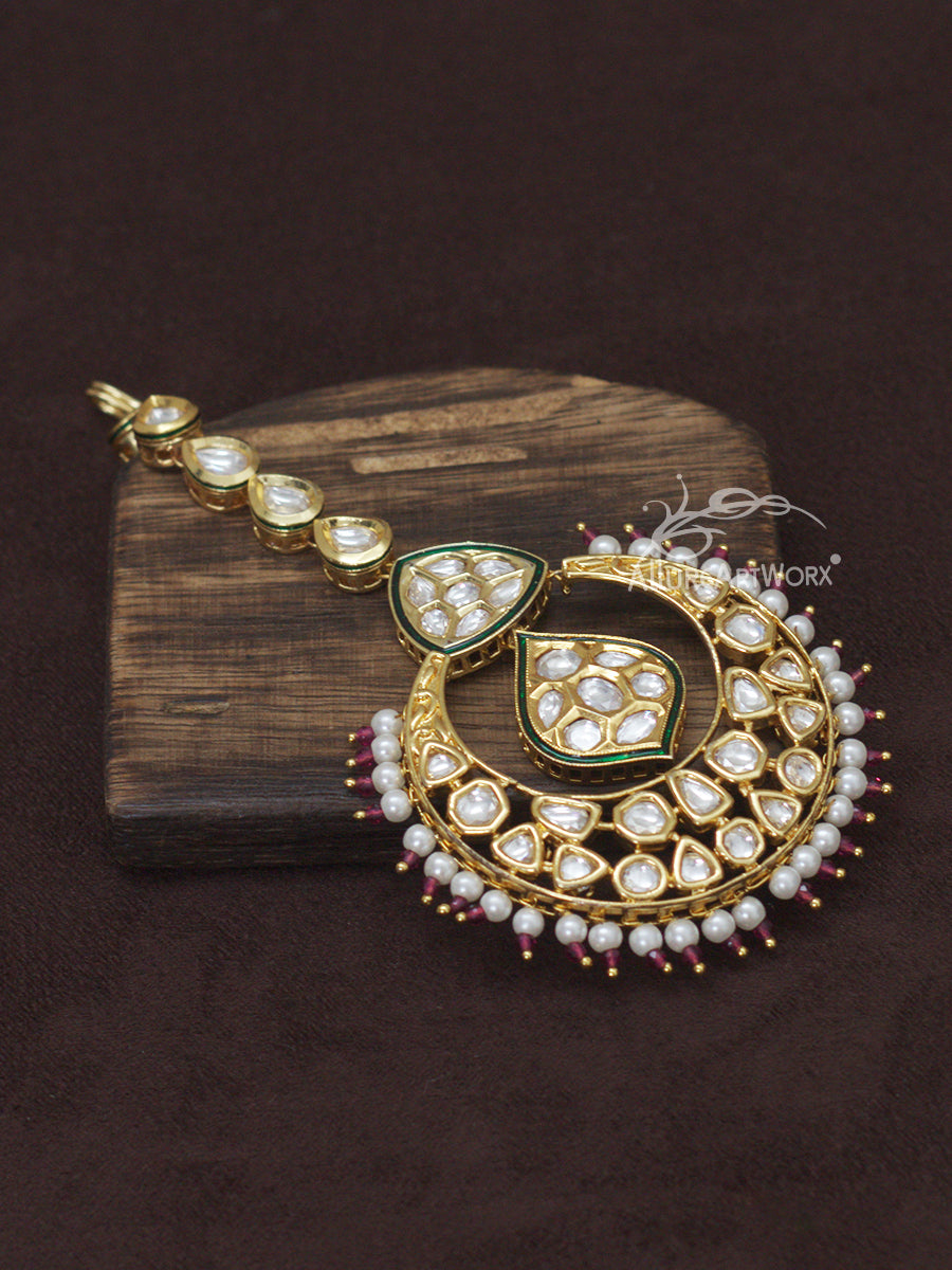 Kundan Maangtika(pink-green)